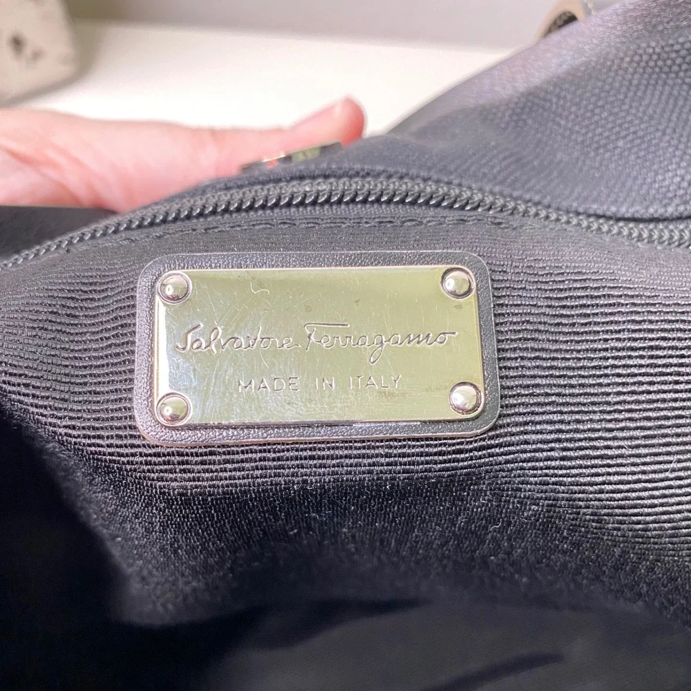Salvatore Ferragamo Vara Ribbon Black‎ Canvas Leather Trimmed Tote Handbag Purse